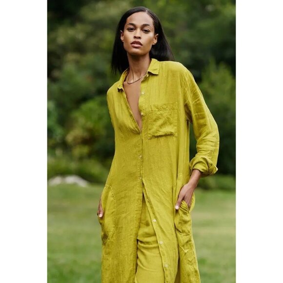 Velvet By Graham & Spencer Chartreuse Button-Down Midi Shirt Dress - Picture 1 of 9